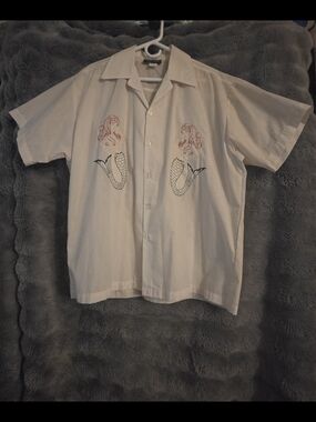 Johnny Suede XL White Mermaid Embroidered Cuban Shirt Rockabilly Retro USA